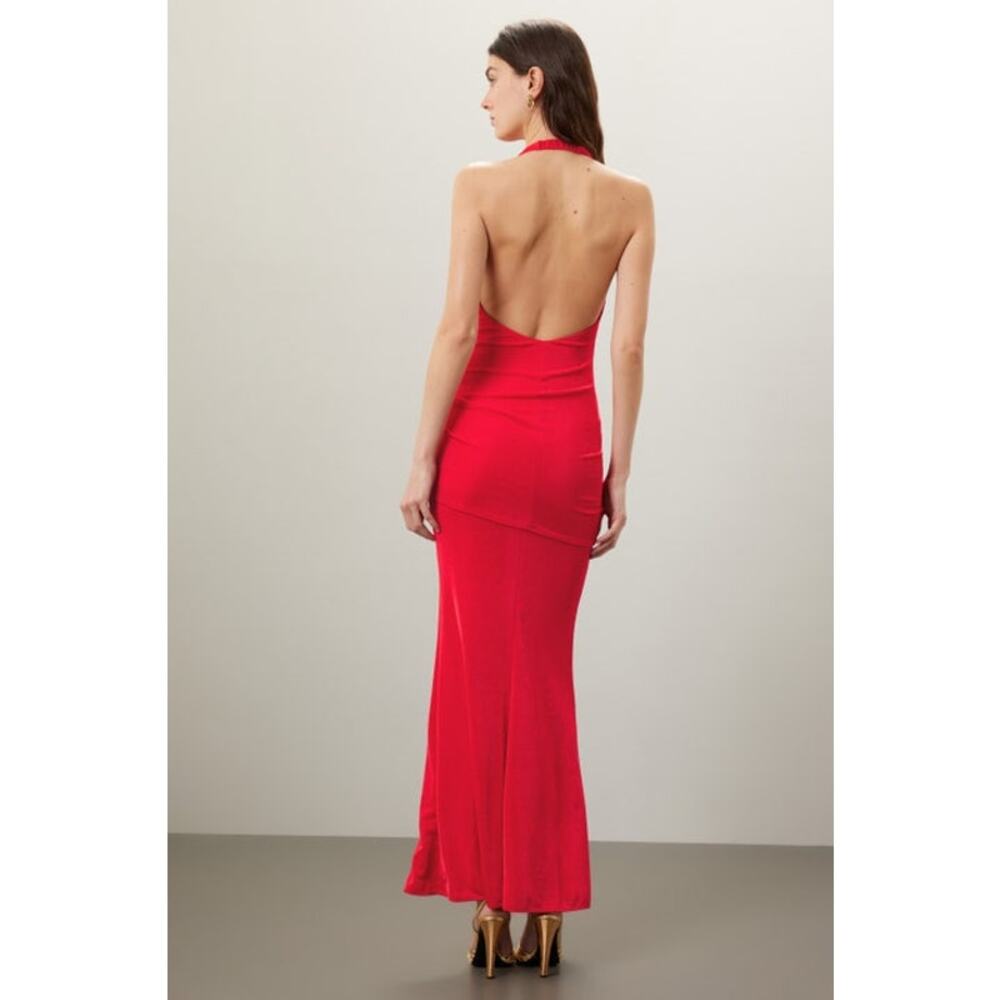 Katie May Dress Womens Small Leyla Red Slinky Gown Halter Knotted Open Back - Picture 2 of 12